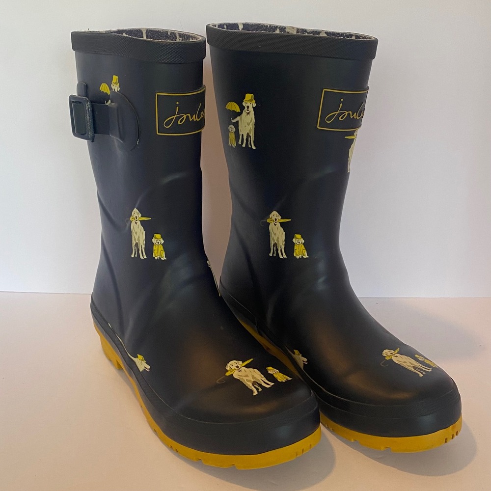 Joules Molly Welly Rain Boots Kids Size 5 Navy Yellow Excellent Dog Print